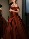 Ball Gown Off The Shoulder Satin Rust Red Floor Length Evening Dress Prom Dresses SD1622