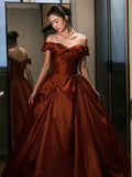 Ball Gown Off The Shoulder Satin Rust Red Floor Length Evening Dress Prom Dresses SD1622