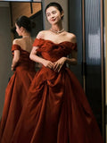 Ball Gown Off The Shoulder Satin Rust Red Floor Length Evening Dress Prom Dresses SD1622
