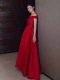 A Line Off The Shoulder Satin Red Floor Length Evening Dress Prom Dresses SD1623