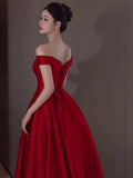 A Line Off The Shoulder Satin Red Floor Length Evening Dress Prom Dresses SD1623