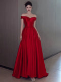 A Line Off The Shoulder Satin Red Floor Length Evening Dress Prom Dresses SD1623