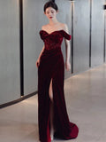 Sheath Off The Shoulder Burgundy Velvet Floor Length Evening Dress Prom Dresses SD1624