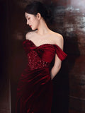 Sheath Off The Shoulder Burgundy Velvet Floor Length Evening Dress Prom Dresses SD1624