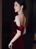 Sheath Off The Shoulder Burgundy Velvet Floor Length Evening Dress Prom Dresses SD1624