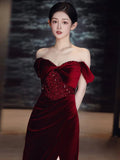 Sheath Off The Shoulder Burgundy Velvet Floor Length Evening Dress Prom Dresses SD1624