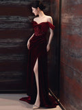Sheath Off The Shoulder Burgundy Velvet Floor Length Evening Dress Prom Dresses SD1624