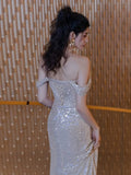 Sheath Off The Shoulder Sequin Slit Floor Length Evening Dress Prom Dresses SD1626