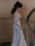 Sheath Off The Shoulder Sequin Slit Floor Length Evening Dress Prom Dresses SD1626