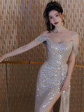 Sheath Off The Shoulder Sequin Slit Floor Length Evening Dress Prom Dresses SD1626