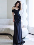 Sheath Off The Shoulder Navy Blue Satin Floor Length Evening Dress Prom Dresses SD1627