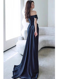 Sheath Off The Shoulder Navy Blue Satin Floor Length Evening Dress Prom Dresses SD1627