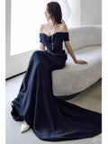 Sheath Off The Shoulder Navy Blue Satin Floor Length Evening Dress Prom Dresses SD1627