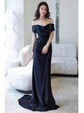Sheath Off The Shoulder Navy Blue Satin Floor Length Evening Dress Prom Dresses SD1627