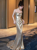 Mermaid Spaghetti Straps Sequin Gold Floor Length Evening Dress Prom Dresses SD1628