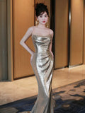 Mermaid Spaghetti Straps Sequin Gold Floor Length Evening Dress Prom Dresses SD1628