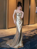 Mermaid Spaghetti Straps Sequin Gold Floor Length Evening Dress Prom Dresses SD1628