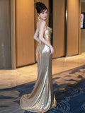 Mermaid Spaghetti Straps Sequin Gold Floor Length Evening Dress Prom Dresses SD1628