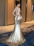 Mermaid Spaghetti Straps Sequin Gold Floor Length Evening Dress Prom Dresses SD1628
