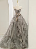 Ball Gown Sweetheart Tulle Floor Length Evening Dress Gray Prom Dresses SD1629