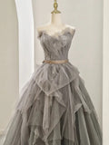 Ball Gown Sweetheart Tulle Floor Length Evening Dress Gray Prom Dresses SD1629