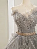 Ball Gown Sweetheart Tulle Floor Length Evening Dress Gray Prom Dresses SD1629