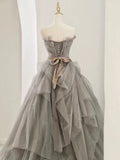 Ball Gown Sweetheart Tulle Floor Length Evening Dress Gray Prom Dresses SD1629