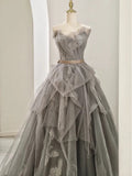 Ball Gown Sweetheart Tulle Floor Length Evening Dress Gray Prom Dresses SD1629