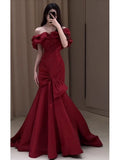 Mermaid Off The Shoulder Burgundy Satin Floor Length Evening Dress Prom Dresses SD1630