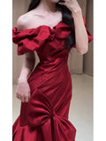 Mermaid Off The Shoulder Burgundy Satin Floor Length Evening Dress Prom Dresses SD1630