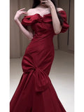 Mermaid Off The Shoulder Burgundy Satin Floor Length Evening Dress Prom Dresses SD1630