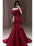 Mermaid Off The Shoulder Burgundy Satin Floor Length Evening Dress Prom Dresses SD1630