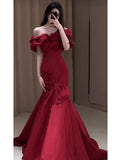 Mermaid Off The Shoulder Burgundy Satin Floor Length Evening Dress Prom Dresses SD1630