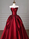 Ball Gown Strapless Burgundy Satin Floor Length Evening Dress Prom Dresses SD1630