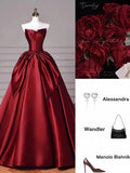Ball Gown Strapless Burgundy Satin Floor Length Evening Dress Prom Dresses SD1630