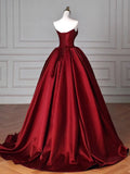 Ball Gown Strapless Burgundy Satin Floor Length Evening Dress Prom Dresses SD1630