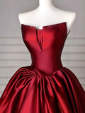 Ball Gown Strapless Burgundy Satin Floor Length Evening Dress Prom Dresses SD1630