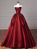 Ball Gown Strapless Burgundy Satin Floor Length Evening Dress Prom Dresses SD1630