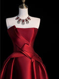 Ball Gown Strapless Burgundy Satin High Low Evening Dress Prom Dresses SD1631