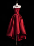 Ball Gown Strapless Burgundy Satin High Low Evening Dress Prom Dresses SD1631
