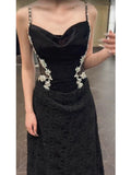Mermaid Spaghetti Straps Black Floor Length Evening Dress Prom Dresses SD1632