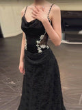Mermaid Spaghetti Straps Black Floor Length Evening Dress Prom Dresses SD1632