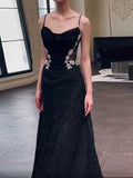 Mermaid Spaghetti Straps Black Floor Length Evening Dress Prom Dresses SD1632