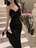 Mermaid Spaghetti Straps Black Sequin Evening Dress Prom Dresses SD1633