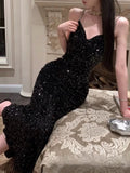 Mermaid Spaghetti Straps Black Sequin Evening Dress Prom Dresses SD1633