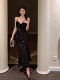 Mermaid Spaghetti Straps Black Sequin Evening Dress Prom Dresses SD1633