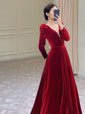 A Line Long Sleeves Red Satin Evening Dress Prom Dresses SD1634