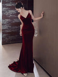 Mermaid Spaghetti Straps Burgundy Velvet Long Evening Dress Prom Dresses SD1635