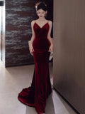Mermaid Spaghetti Straps Burgundy Velvet Long Evening Dress Prom Dresses SD1635