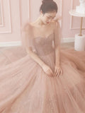 A Line Spaghetti Straps Tulle Pink Evening Dress Prom Dresses SD1638